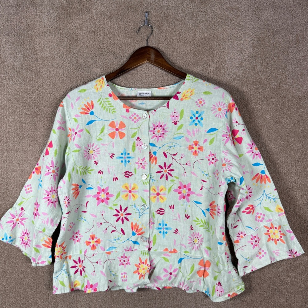 Habitat Button Front Top Womens Small Green Floral Linen 3/4 Sleeve Lagenlook - Picture 4 of 10
